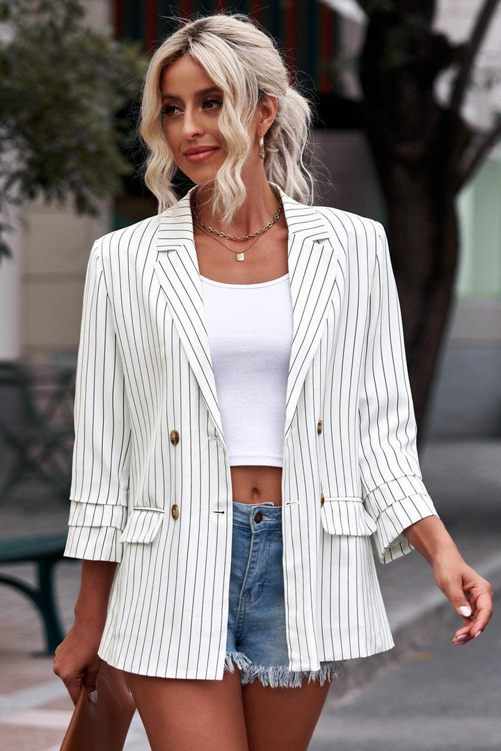 Striped Double-Breasted Long Sleeve Blazer - Tran.scend 
