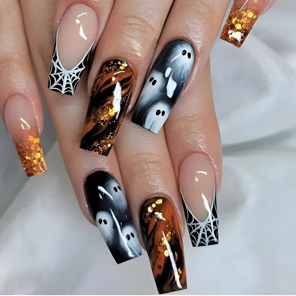 2024 Halloween False Nails - Ghost &amp; Spider Web Printed Long Ballet Coffin - Tran.scend