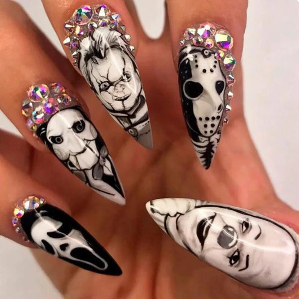 24Pcs Black & White Horror Press - On Nails - Spooky Chic Long Almond - Tran.scend