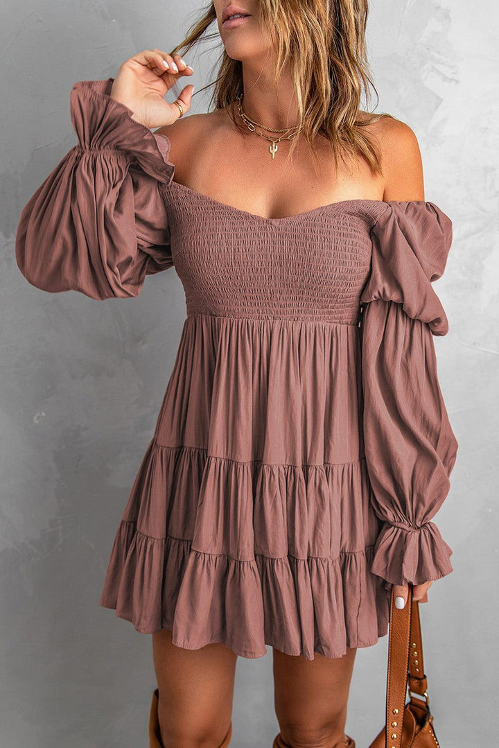 Smocked Off-Shoulder Tiered Mini Dress (more color options) - Tran.scend 