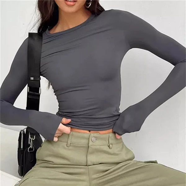 Women Long Sleeve Solid Slim Fit Casual Basic  T Shirt