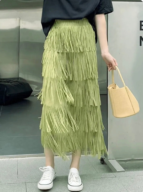 Elegant Tassel Splicing Pleated Elastic Waist Long Skirt