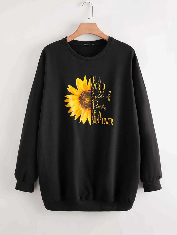 Casual Plus Size Graphic Hoodie Sunflower Print