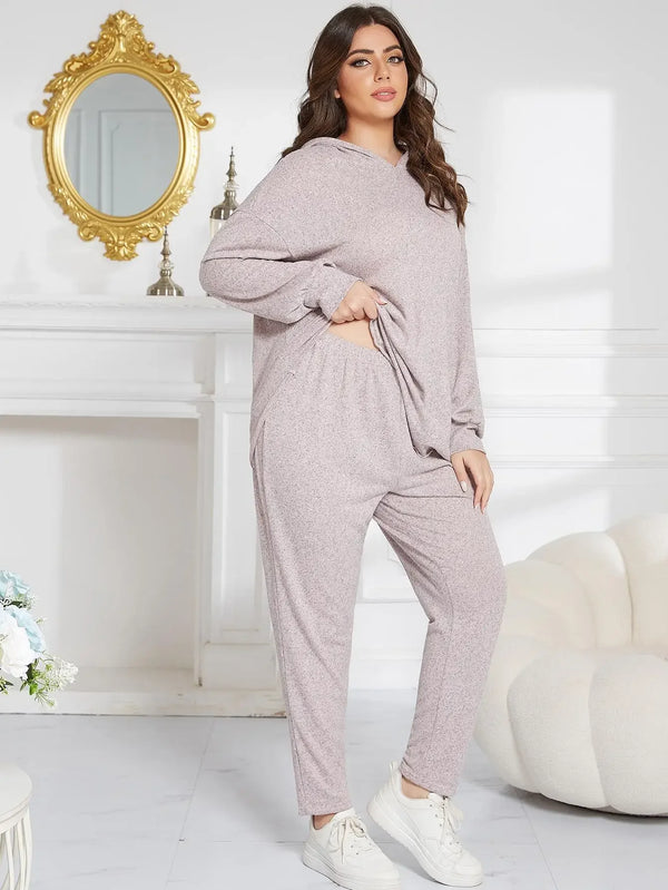 Plus Size Hooded Pajama 2pcs Set Solid Long Sleeve Top & Full-Length Pant