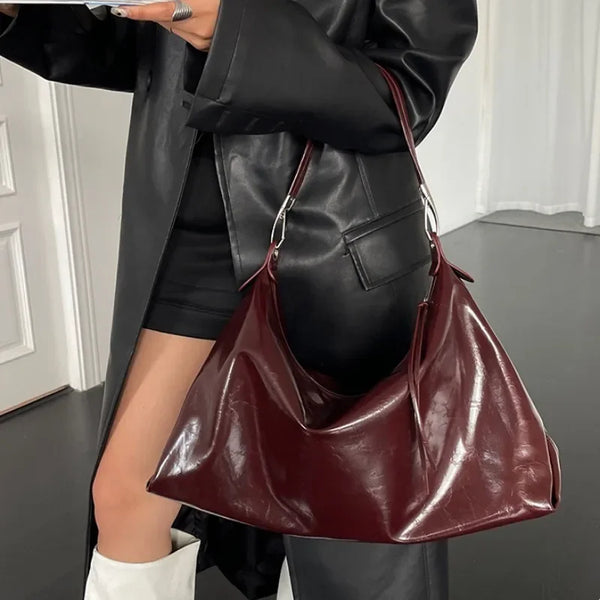 Aesthetic Vintage Burgundy PU Leather Tote Bag