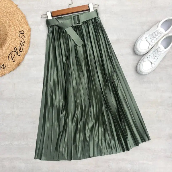 Elegant Women's Pleated with Belted High Waist Mid-long Umbrella Skirt