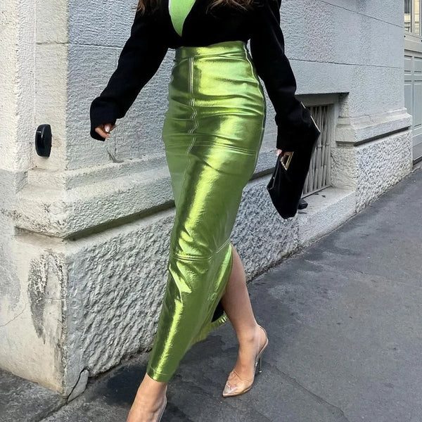 Metallic Slit Long High Waist Slim Maxi Skirt