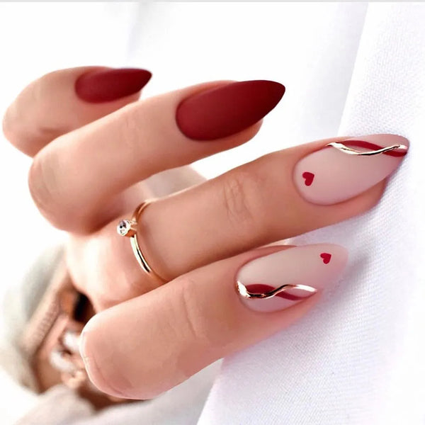 24pcs Detachable Long Almond Love Red Gold Stripe Pattern Press On Nails