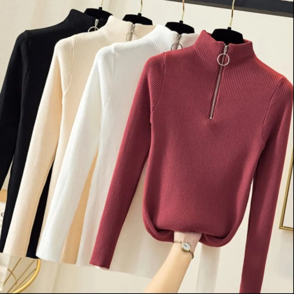 Knitted Zipper Half High Neck Slim Sweater Basic Sweaters