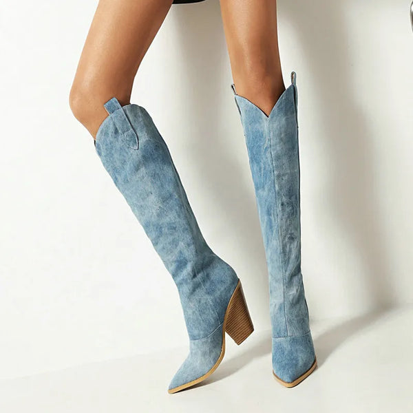 Fashion Denim Western Knee Thigh High Cowboy Boots