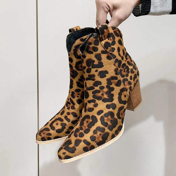 Trendy High Heel Leopard Print Thick Heel Pointed Western Ankle Boots