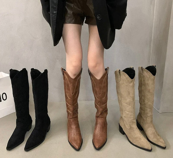 Elegant Fashion Cowgirl Boots Square Low Heel Knee High