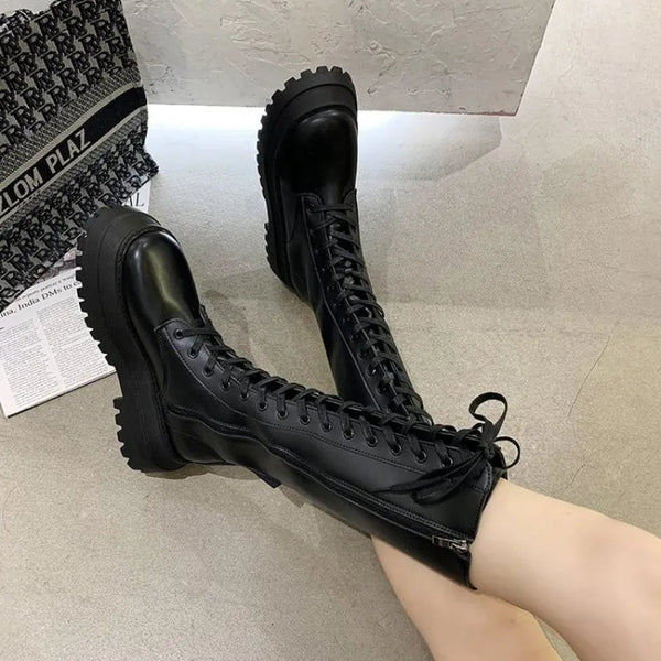 Motorcycle Boots Wedges Flat BootwHigh Heel Platform PU Leather Lace Up