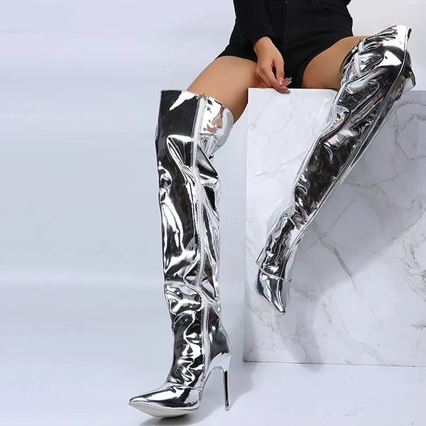 Mirror Boots Pointy Toe  High Thin Heels Over The Knee