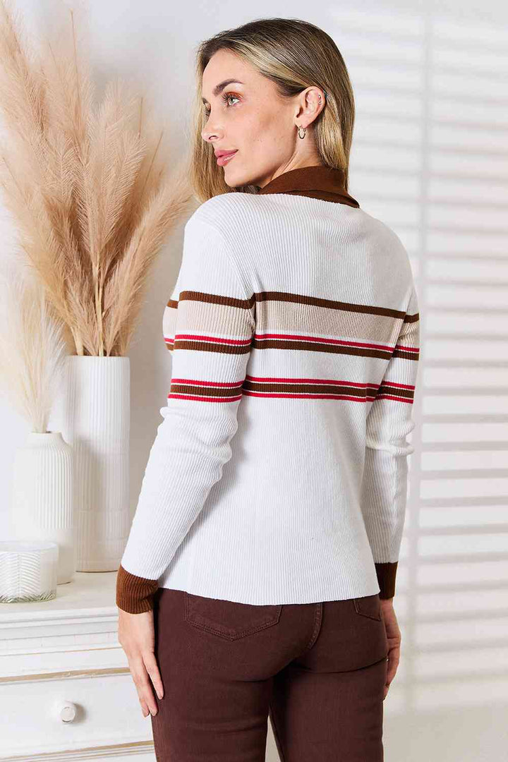 Basic Bae Striped Collared Neck Rib - Knit Top - Tran.scend