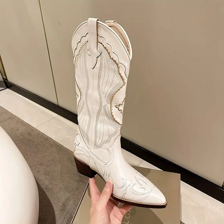 White Western Embroidered Block Heel Boots - Tran.scend 