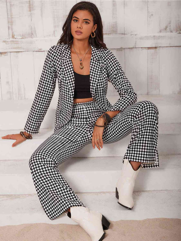 Checkered Blazer & Slit Pants Set - Tran.scend