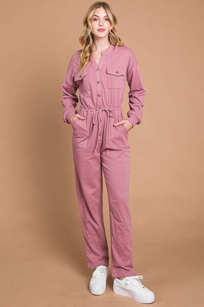 Culture Code Full Size Button Up Drawstring Waist Straight Jumpsuit - Tran.scend