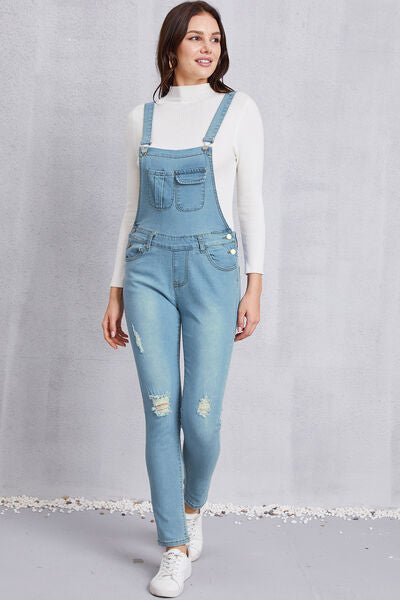 Distressed Washed Denim Overalls with Pockets - Tran.scend