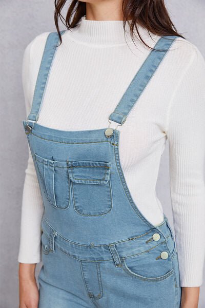 Distressed Washed Denim Overalls with Pockets - Tran.scend