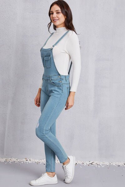 Distressed Washed Denim Overalls with Pockets - Tran.scend