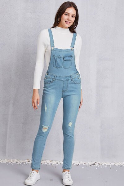 Distressed Washed Denim Overalls with Pockets - Tran.scend