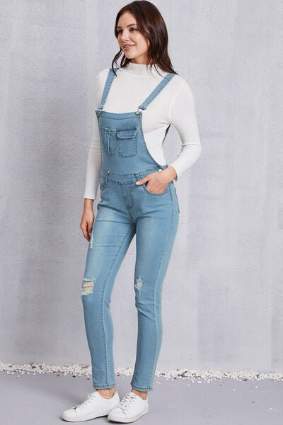 Distressed Washed Denim Overalls with Pockets - Tran.scend