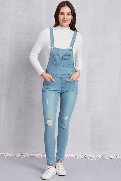 Distressed Washed Denim Overalls with Pockets - Tran.scend