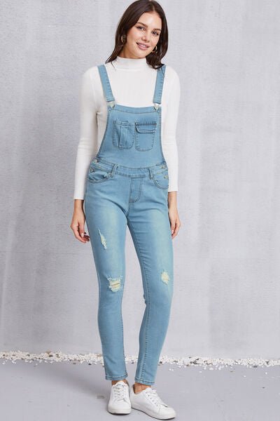 Distressed Washed Denim Overalls with Pockets - Tran.scend