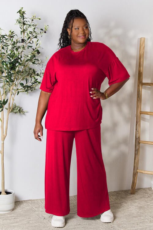 Double Take Full Size Round Neck Slit Top and Pants Set - Tran.scend