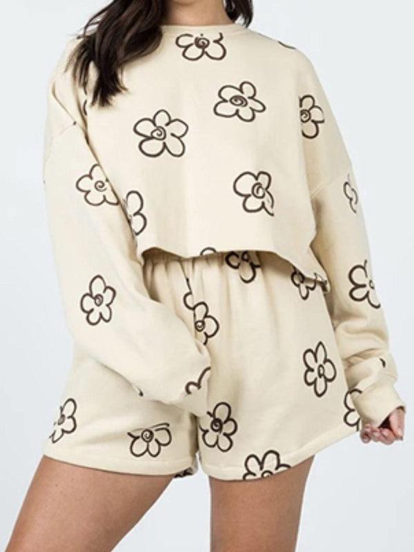 Floral Dropped Shoulder Sweatshirt and Shorts Set - Tran.scend