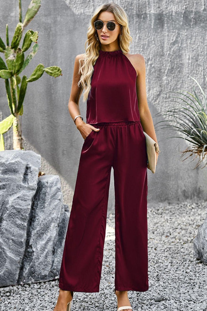 Grecian Neck Sleeveless Pocketed Top and Pants Set - Tran.scend