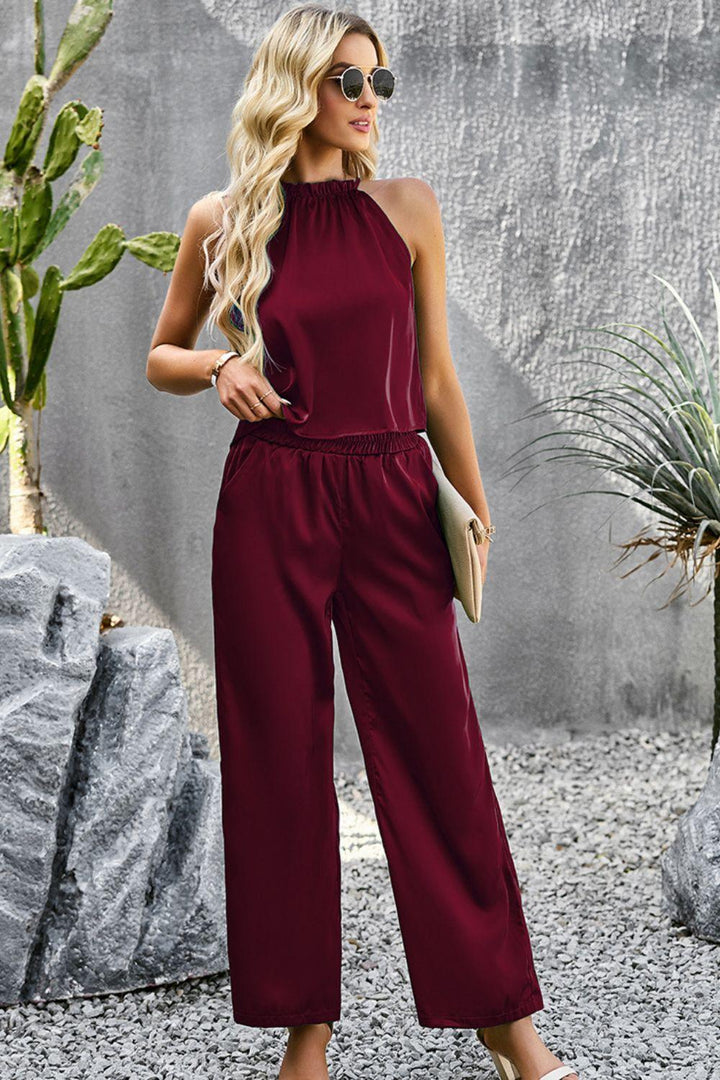 Grecian Neck Sleeveless Pocketed Top and Pants Set - Tran.scend