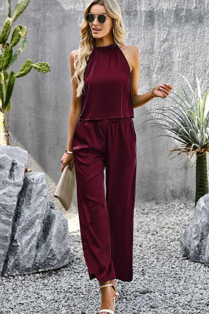 Grecian Neck Sleeveless Pocketed Top and Pants Set - Tran.scend