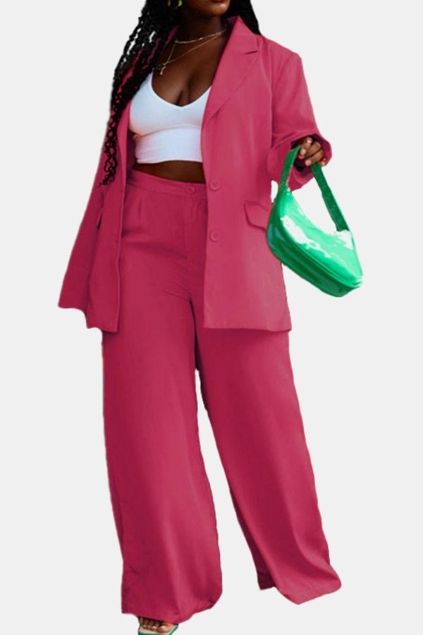 Lapel Collar Buttoned Blazer and Long Pants Set - Tran.scend