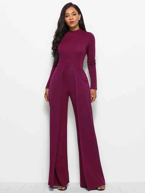 Long Sleeve Mock Neck Wide Leg Jumpsuit - Tran.scend