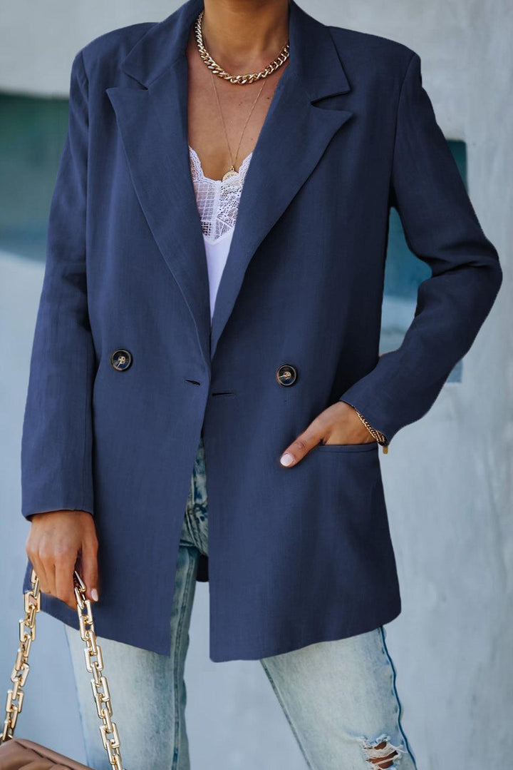Double-Breasted Padded Shoulder Blazer with Pockets - Tran.scend 