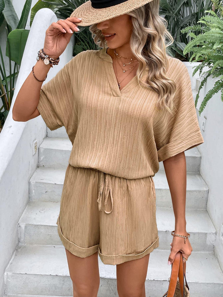 Textured Notched Neck Top and Shorts Set - Tran.scend 