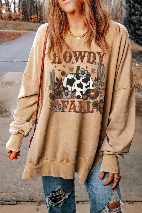 Round Neck Dropped Shoulder HOWDY FALL Graphic Sweatshirt - Tran.scend 