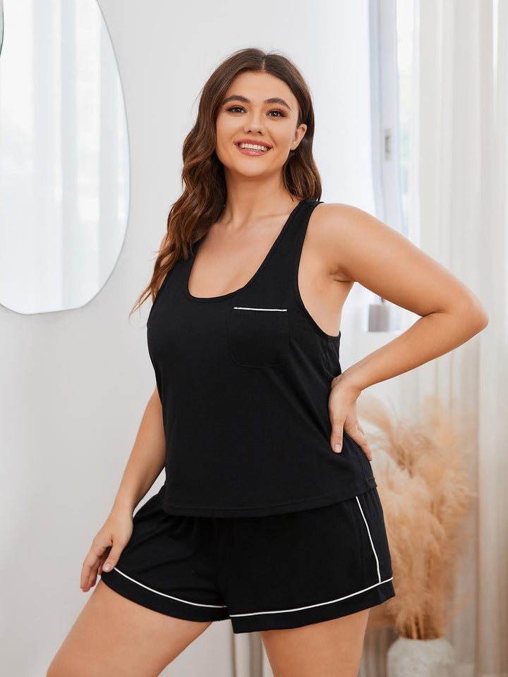Plus Size Contrast Piping Racerback Tank and Shorts Lounge Set - Tran.scend 