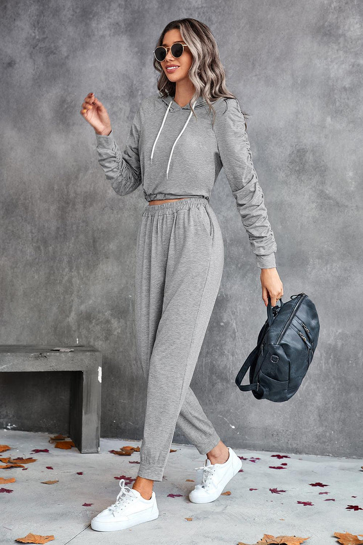 Ruched Raglan Sleeve Hoodie and Joggers Set - Tran.scend 