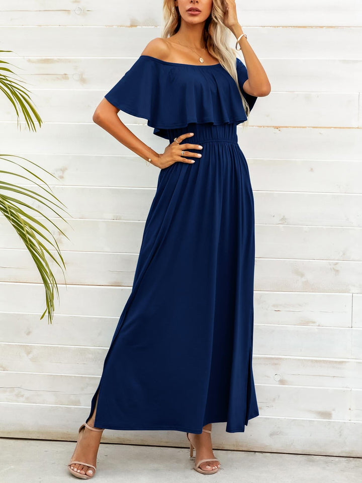 Off-Shoulder Slit Maxi Dress - Tran.scend 