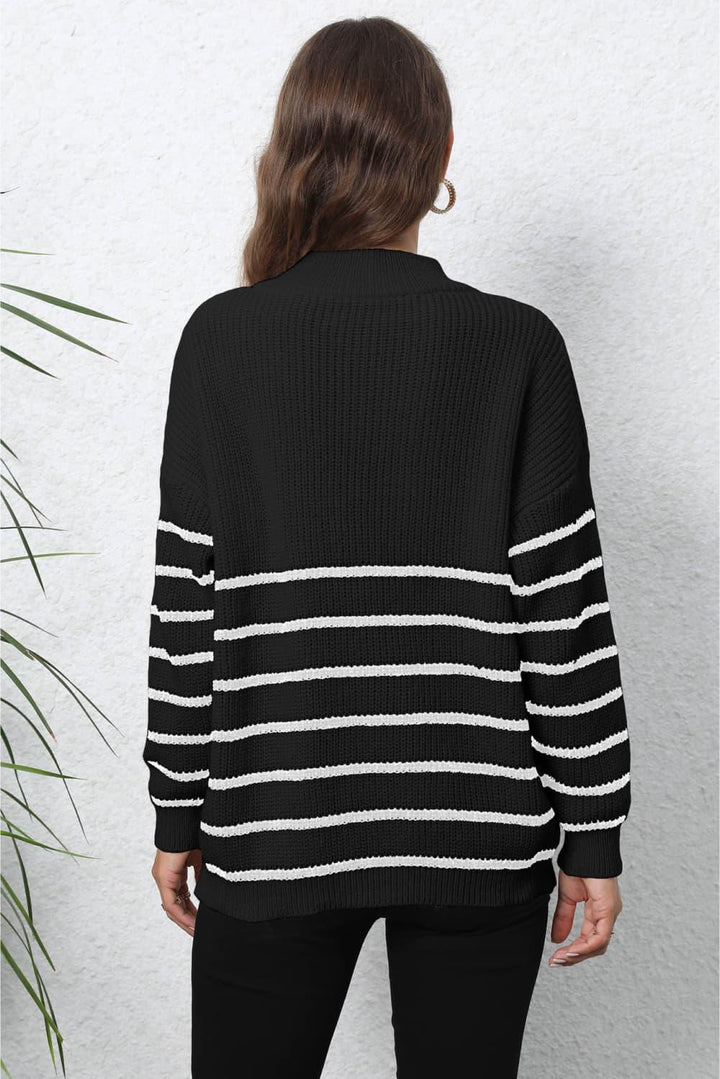 Striped Zip-Up Long Sleeve Ribbed Sweater - Tran.scend 