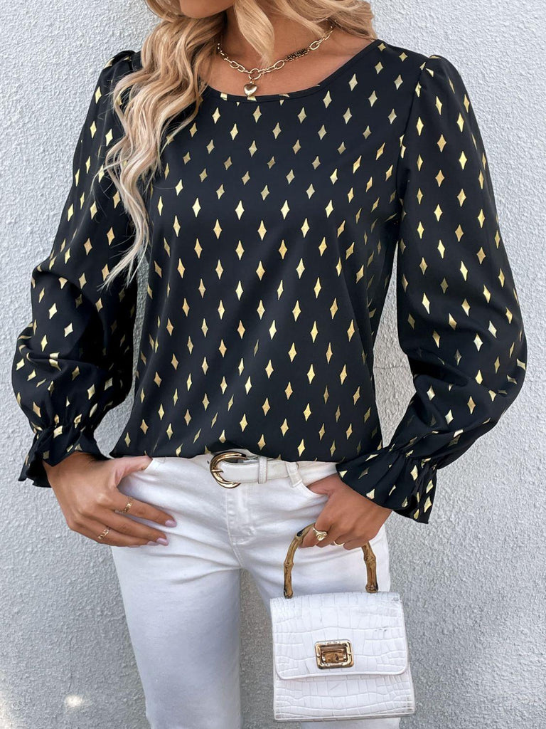 Printed Round Neck Flounce Sleeve Blouse - Tran.scend 