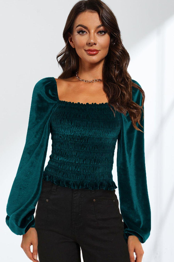 Smocked Square Neck Long Sleeve Blouse - Tran.scend 