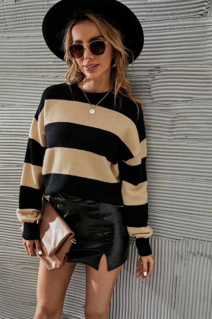 Two-Tone Round Neck Dropped Shoulder Sweater - Tran.scend 