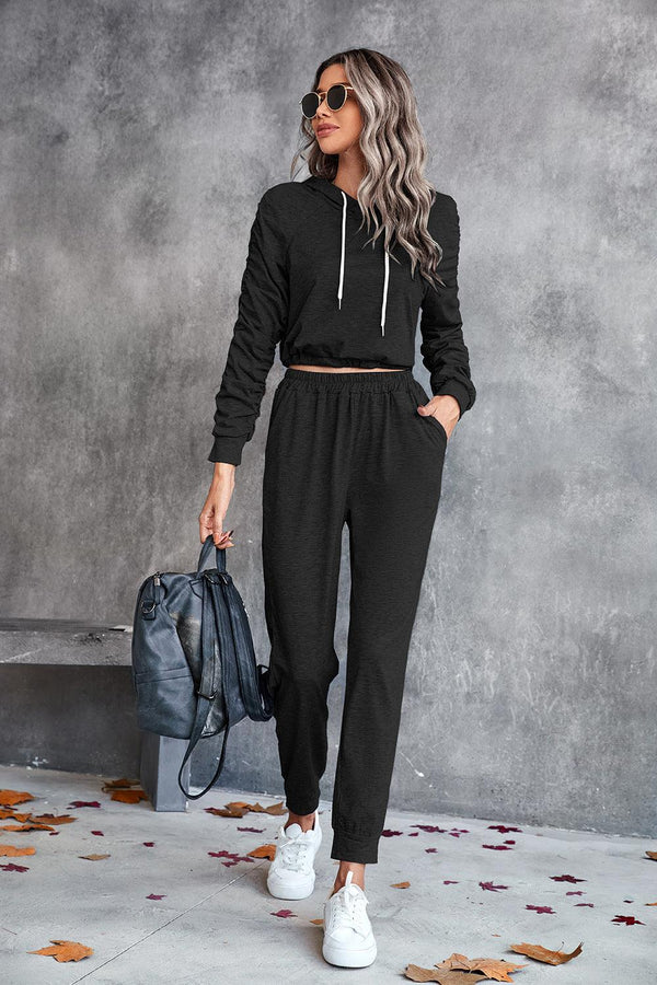 Ruched Raglan Sleeve Hoodie and Joggers Set - Tran.scend 