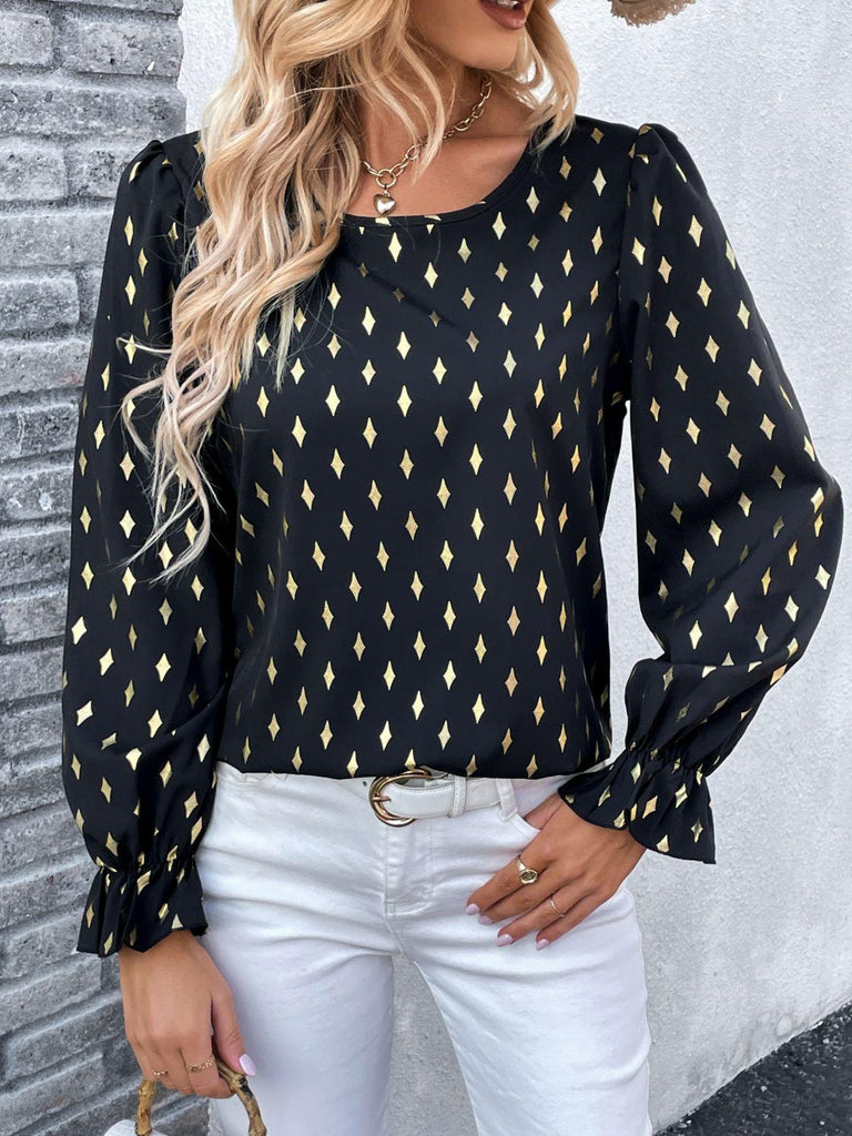 Printed Round Neck Flounce Sleeve Blouse - Tran.scend 