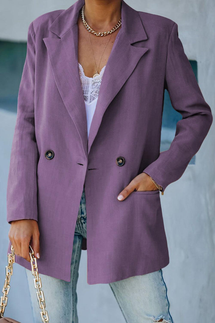 Double-Breasted Padded Shoulder Blazer with Pockets - Tran.scend 