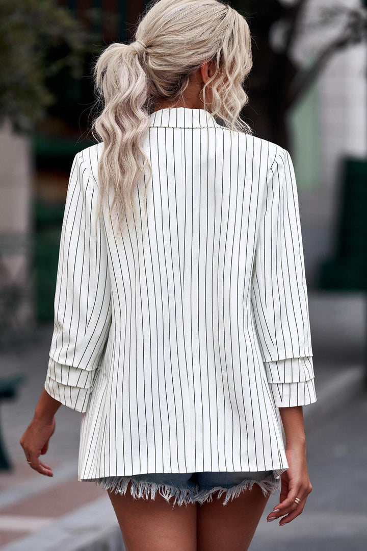 Striped Double-Breasted Long Sleeve Blazer - Tran.scend 